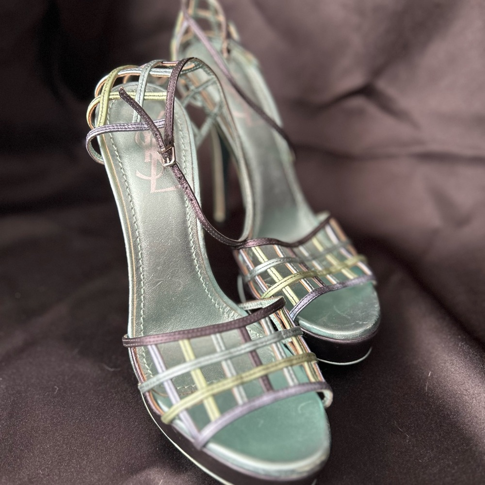 Yves Saint Laurent size 38 (8) 5”heals. Metalic green/blue. Minor scuffs